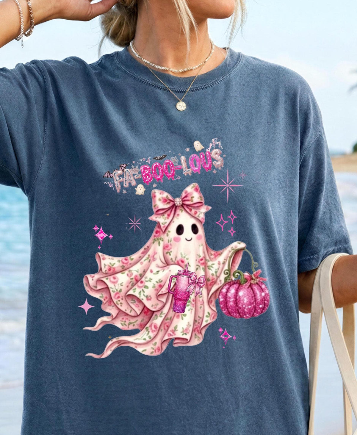 Fa-BOO-lous Pink Ghost Shirt – Coquette Floral Ghost T-shirt, Comfort Colors Short Sleeve Tee, Preppy Halloween Aesthetic Shirt