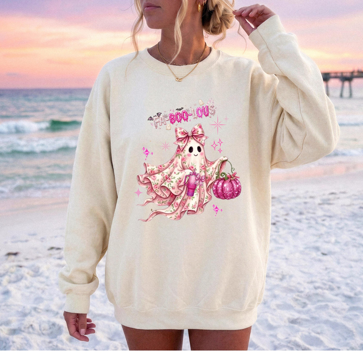 Fa-BOO-lous Pink Ghost Sweatshirt – Coquette Floral Ghost Sweatshirt, Comfort Colors Long Sleeve Tee, Preppy Halloween Aesthetic Shirt