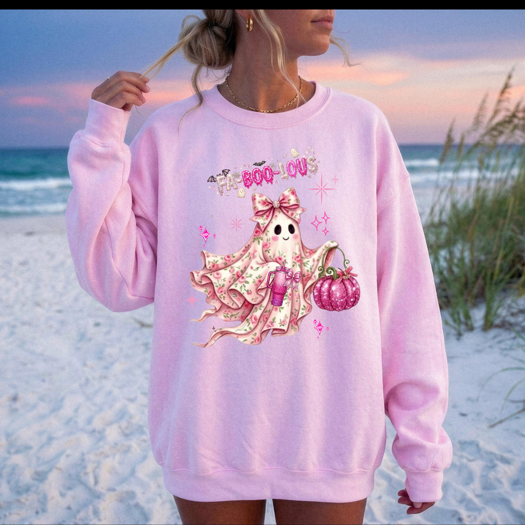 Fa-BOO-lous Pink Ghost Sweatshirt – Coquette Floral Ghost Sweatshirt, Comfort Colors Long Sleeve Tee, Preppy Halloween Aesthetic Shirt