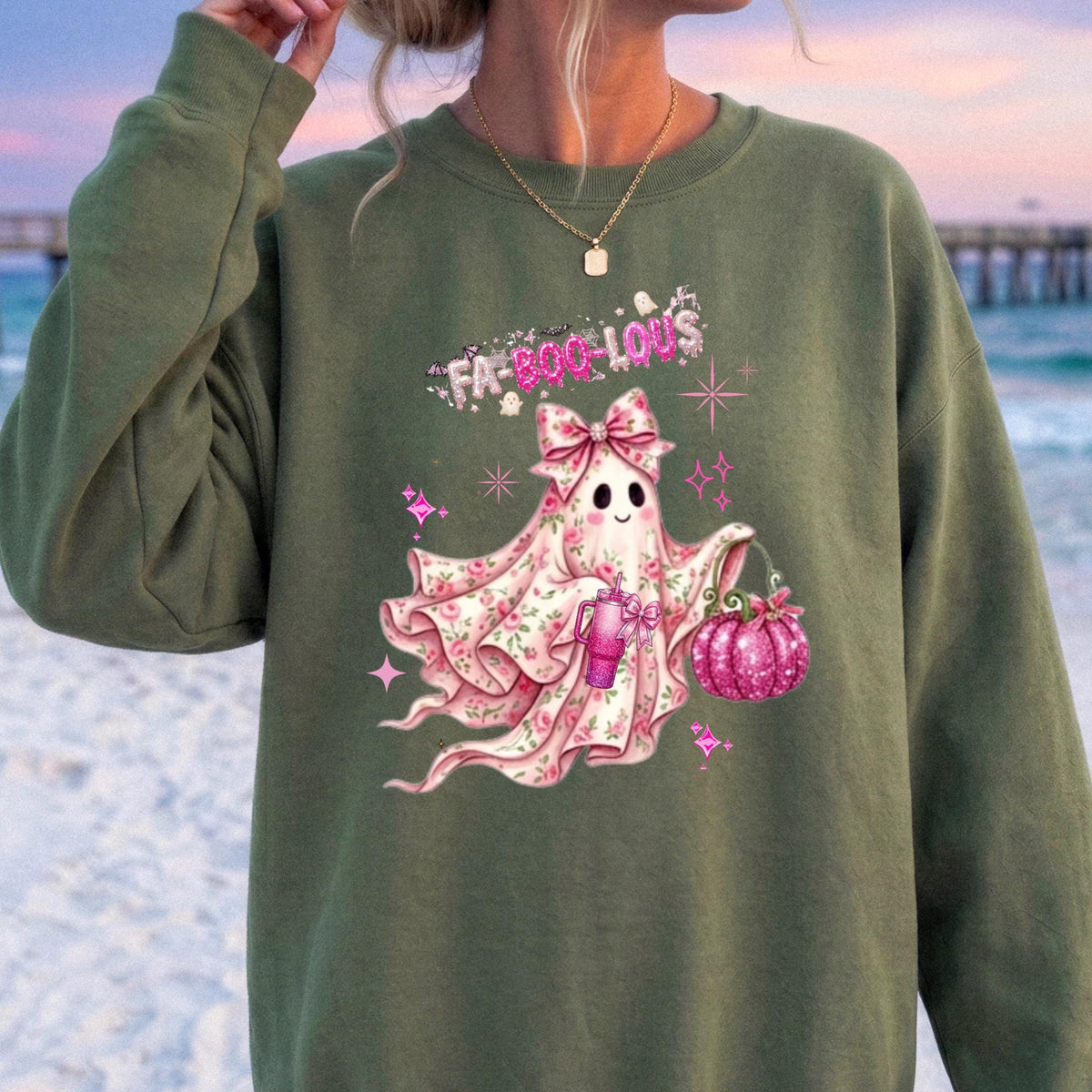 Fa-BOO-lous Pink Ghost Sweatshirt – Coquette Floral Ghost Sweatshirt, Comfort Colors Long Sleeve Tee, Preppy Halloween Aesthetic Shirt