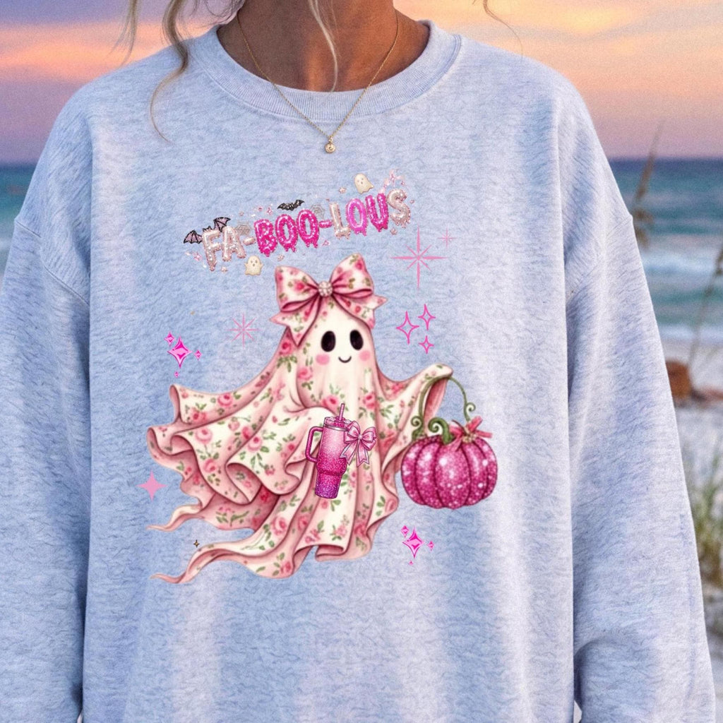 Fa-BOO-lous Pink Ghost Sweatshirt – Coquette Floral Ghost Sweatshirt, Comfort Colors Long Sleeve Tee, Preppy Halloween Aesthetic Shirt