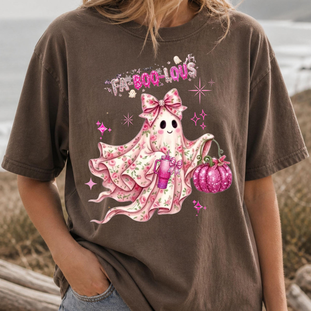 Fa-BOO-lous Pink Ghost Shirt – Coquette Floral Ghost T-shirt, Comfort Colors Short Sleeve Tee, Preppy Halloween Aesthetic Shirt