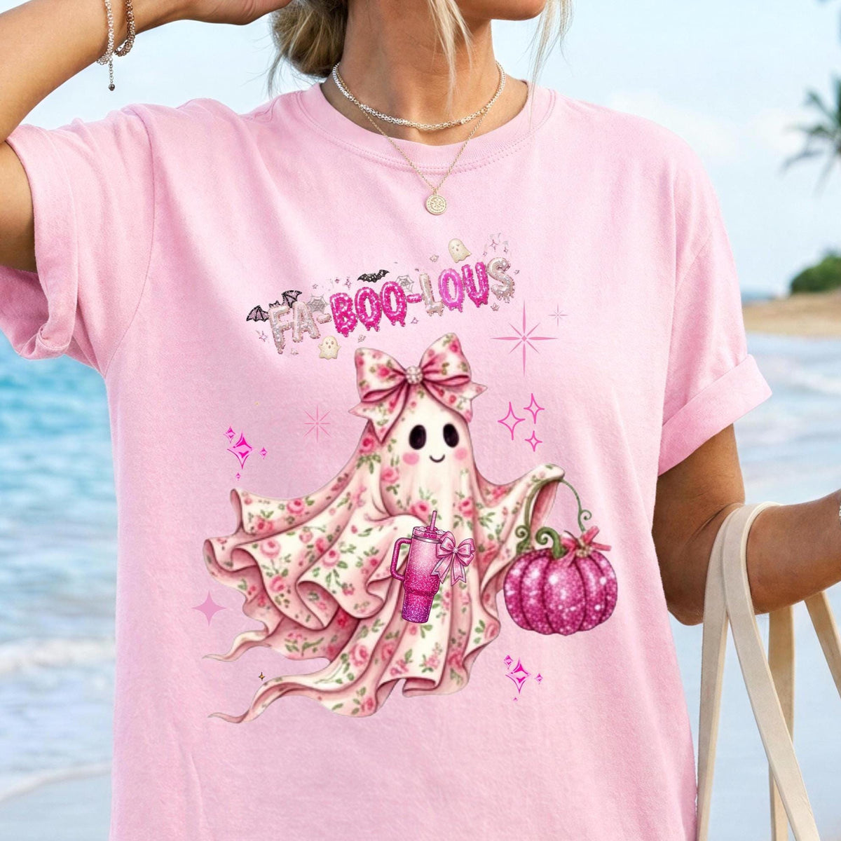 Fa-BOO-lous Pink Ghost Shirt – Coquette Floral Ghost T-shirt, Comfort Colors Short Sleeve Tee, Preppy Halloween Aesthetic Shirt