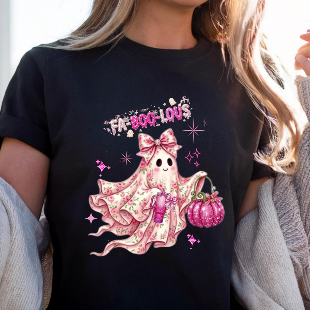 Fa-BOO-lous Pink Ghost Shirt – Coquette Floral Ghost T-shirt, Comfort Colors Short Sleeve Tee, Preppy Halloween Aesthetic Shirt