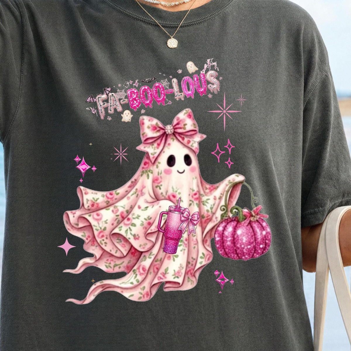 Fa-BOO-lous Pink Ghost Shirt – Coquette Floral Ghost T-shirt, Comfort Colors Short Sleeve Tee, Preppy Halloween Aesthetic Shirt