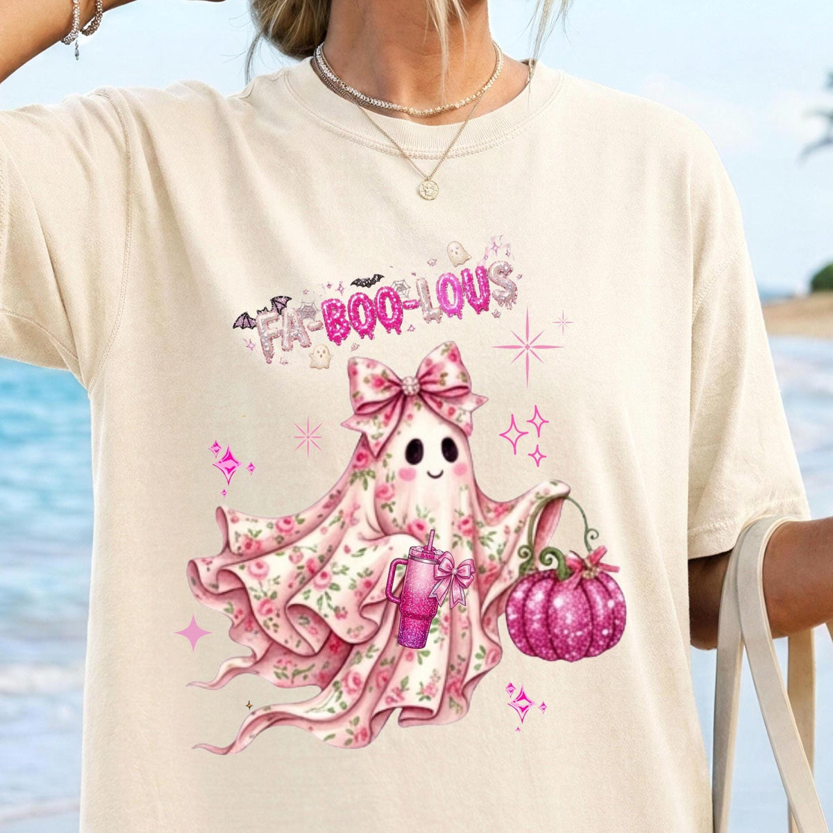 Fa-BOO-lous Pink Ghost Shirt – Coquette Floral Ghost T-shirt, Comfort Colors Short Sleeve Tee, Preppy Halloween Aesthetic Shirt
