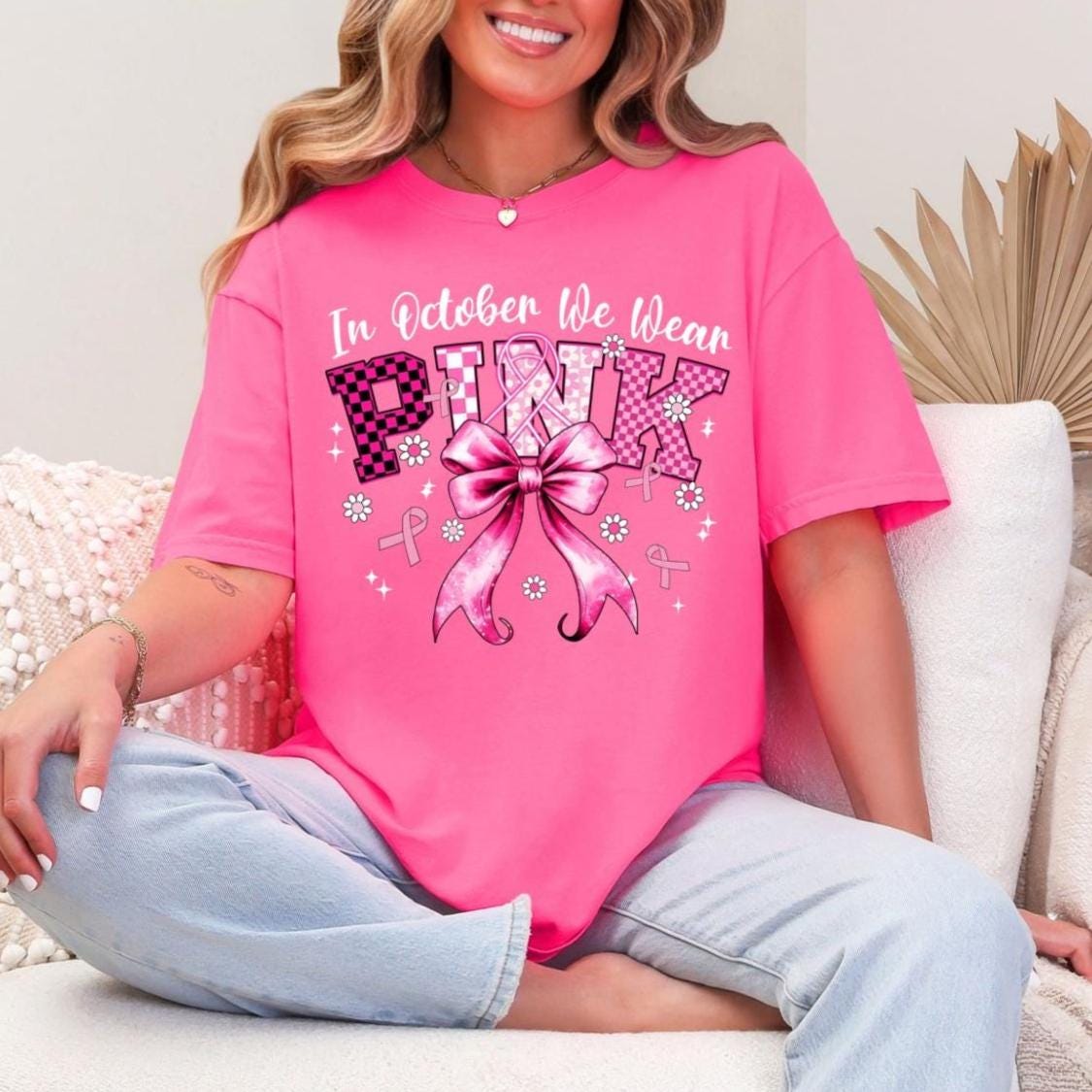 In October We Wear Pink Shirt, Breast Cancer Awareness Sweatshirt, Comfort Colors Long Sleeve Tee, Pink Ribbon Bow Crewneck, Cancer Survivor