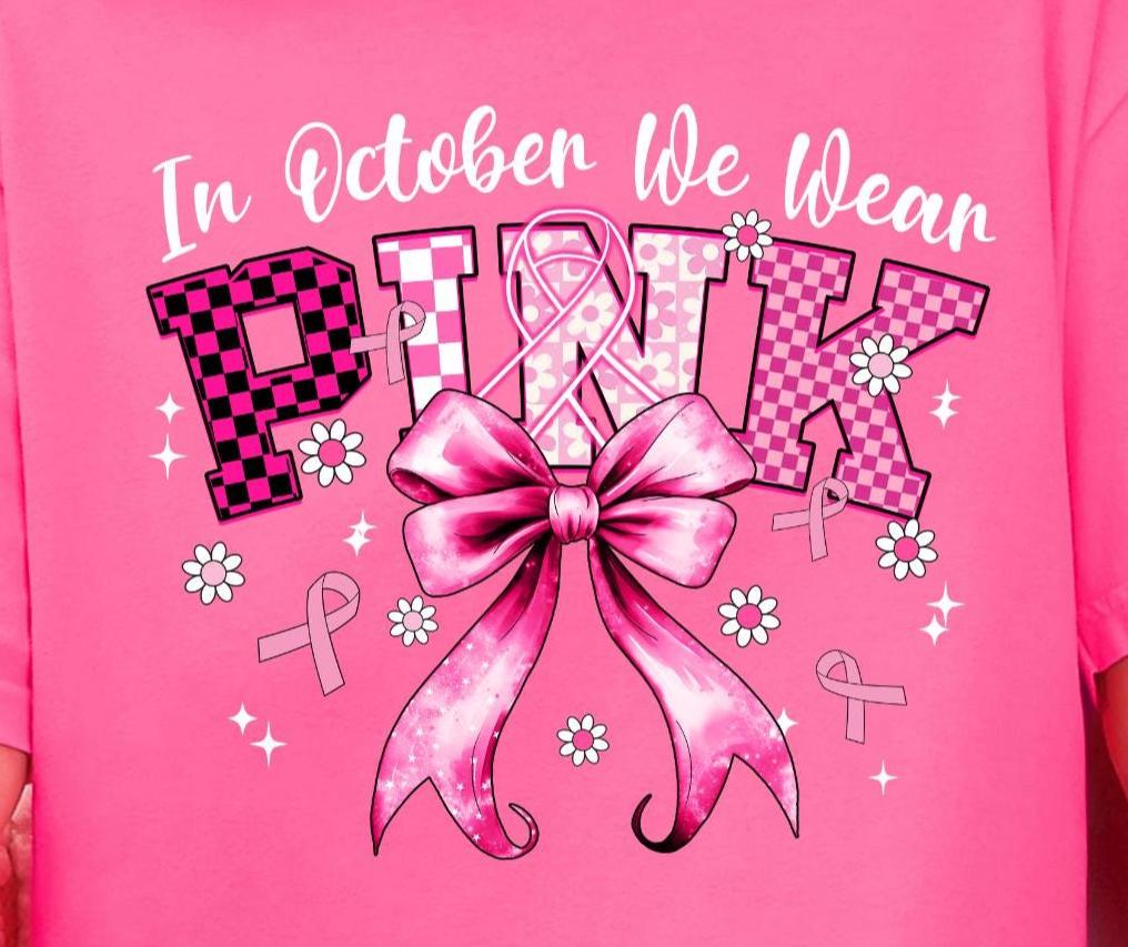 In October We Wear Pink Shirt, Breast Cancer Awareness Sweatshirt, Comfort Colors Long Sleeve Tee, Pink Ribbon Bow Crewneck, Cancer Survivor