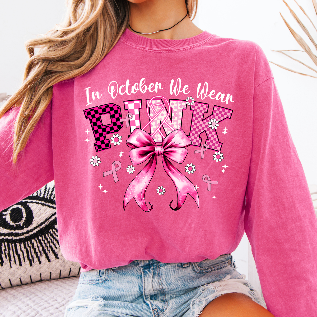 In October We Wear Pink Shirt, Breast Cancer Awareness Sweatshirt, Comfort Colors Long Sleeve Tee, Pink Ribbon Bow Crewneck, Cancer Survivor