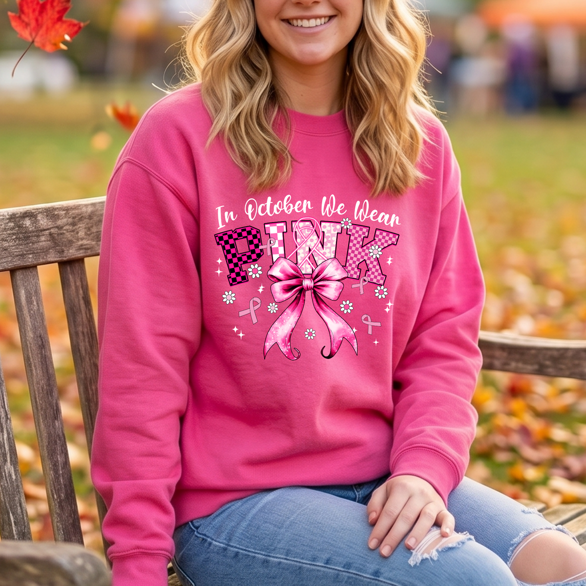 In October We Wear Pink Shirt, Breast Cancer Awareness Sweatshirt, Comfort Colors Long Sleeve Tee, Pink Ribbon Bow Crewneck, Cancer Survivor