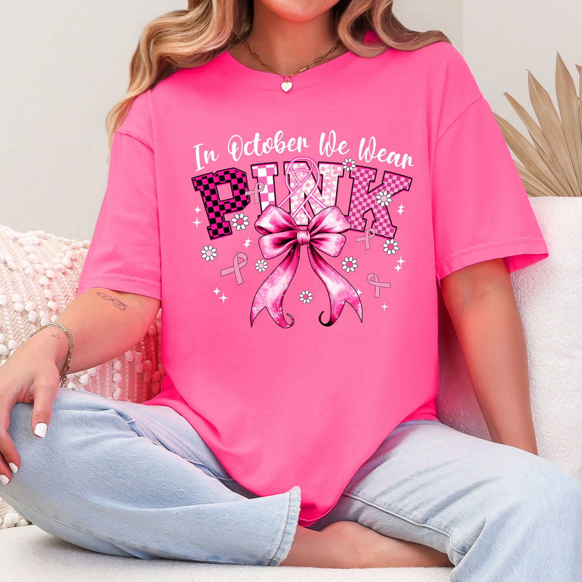 In October We Wear Pink Shirt, Breast Cancer Awareness Sweatshirt, Comfort Colors Long Sleeve Tee, Pink Ribbon Bow Crewneck, Cancer Survivor