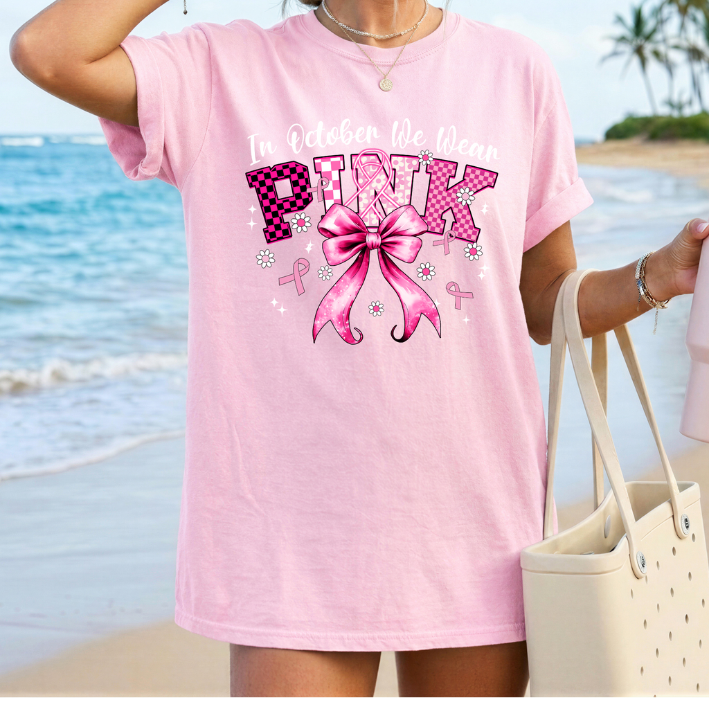 In October We Wear Pink Shirt, Breast Cancer Awareness Sweatshirt, Comfort Colors Long Sleeve Tee, Pink Ribbon Bow Crewneck, Cancer Survivor