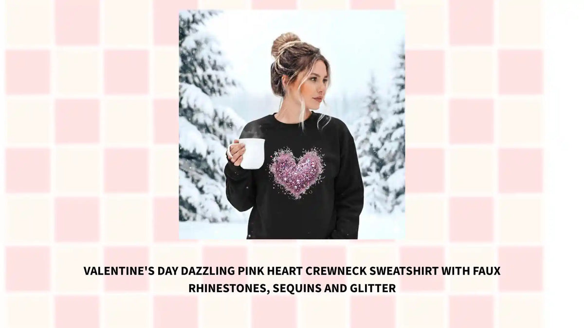 Valentine's Day dazzling pink heart crewneck sweatshirt with FAUX rhinestones, sequins and glitter by@Outfy