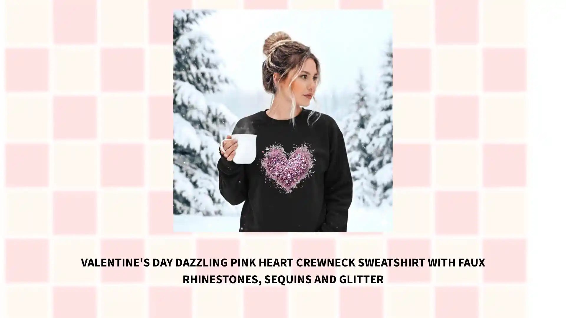 Valentine's Day dazzling pink heart crewneck sweatshirt with FAUX rhinestones, sequins and glitter by@Outfy